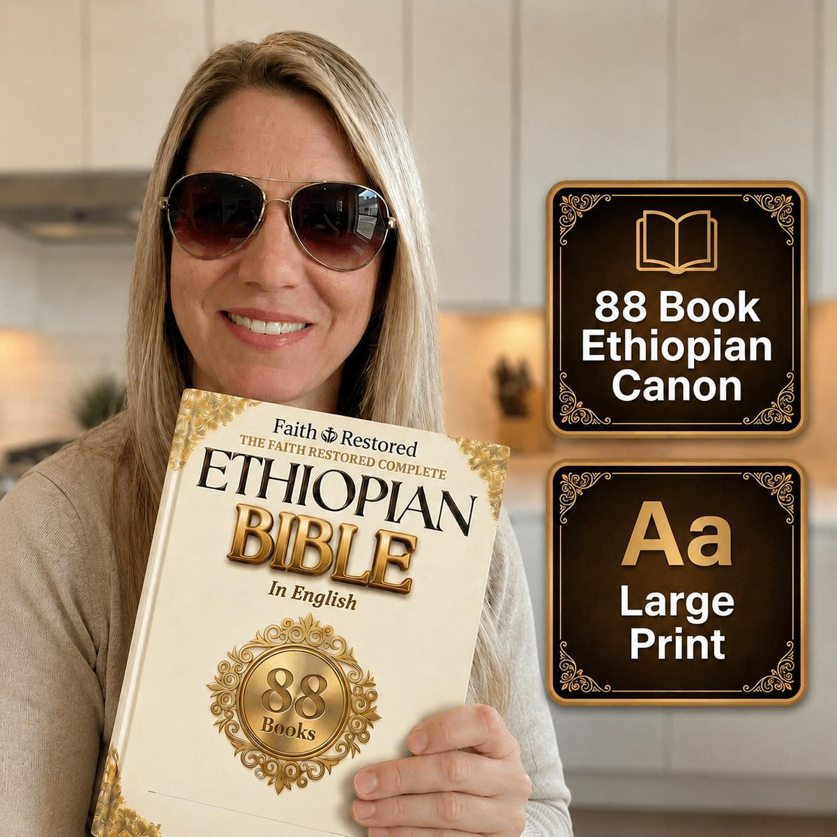 Woman holding the physical FaithRestored Complete Ethiopian Bible, 88-book English large-print edition