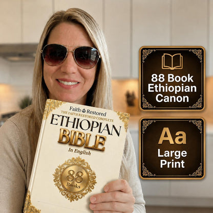 Woman holding the physical FaithRestored Complete Ethiopian Bible, 88-book English large-print edition