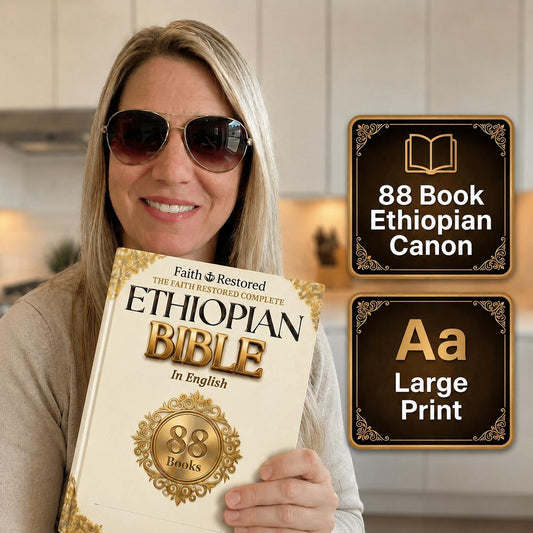 Woman holding the physical FaithRestored Complete Ethiopian Bible, 88-book English large-print edition