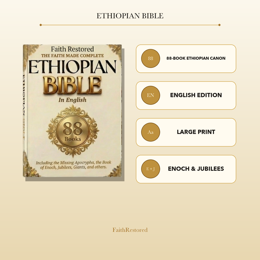 FaithRestored Ethiopian Bible feature overview with 88-book canon, English edition and large print