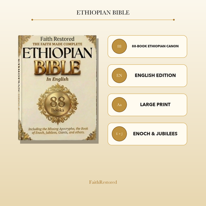 FaithRestored Ethiopian Bible feature overview with 88-book canon, English edition and large print